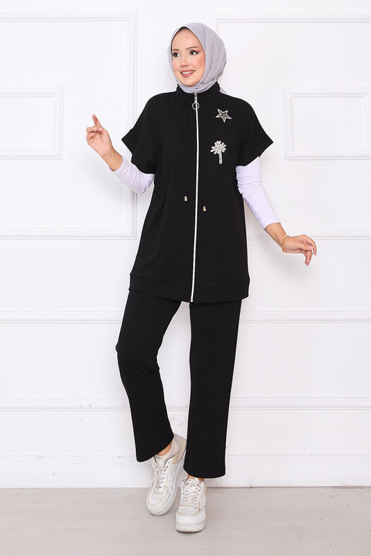 Ensemble gilet zippé brodé de pierres noir