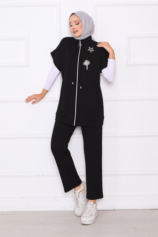 Ensemble gilet zippé brodé de pierres noir