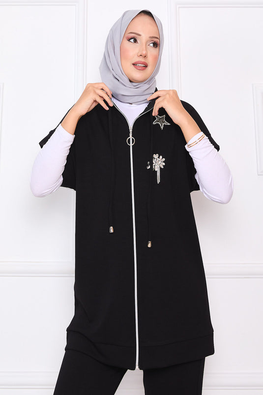 Ensemble gilet zippé brodé de pierres noir