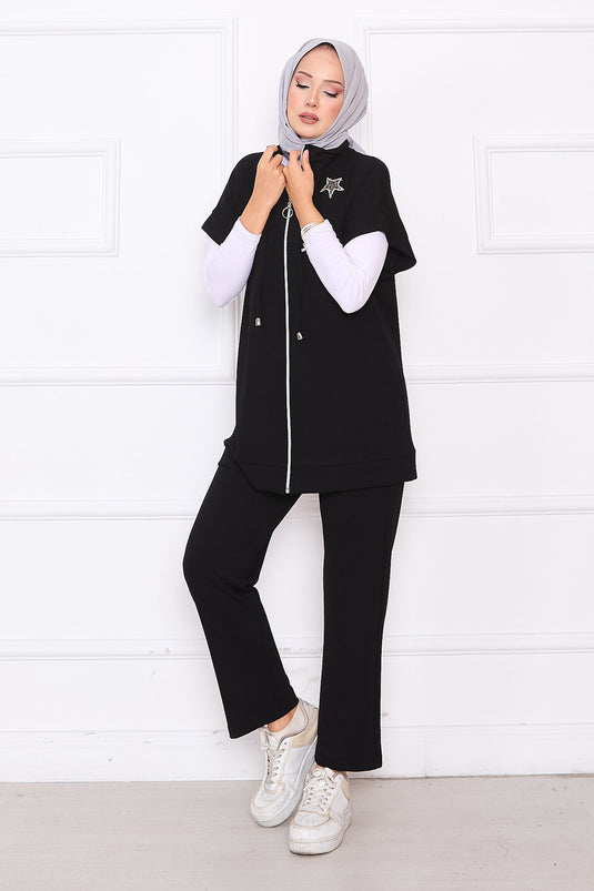 Ensemble gilet zippé brodé de pierres noir