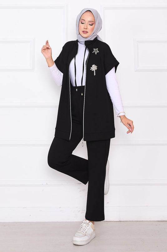 Ensemble gilet zippé brodé de pierres noir