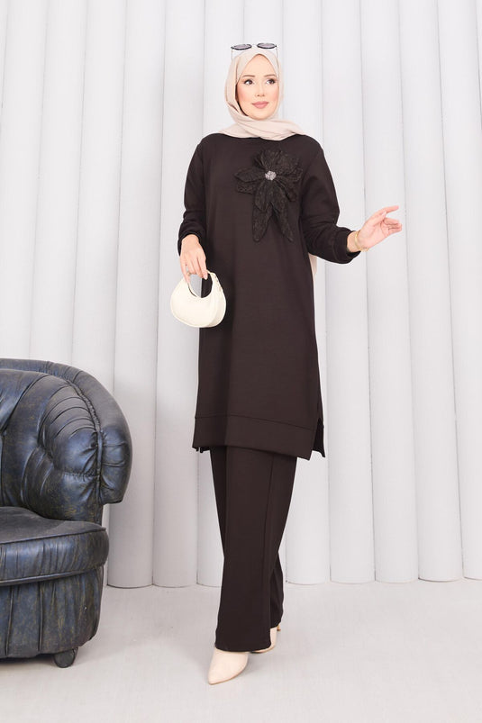 Stone Embroidered Embossed Floral Hijab Set Brown