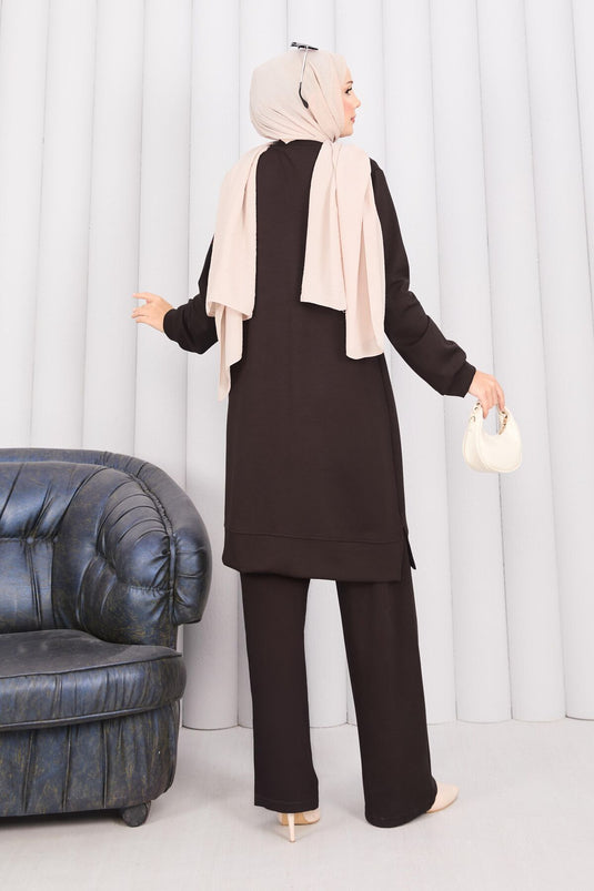 Stone Embroidered Embossed Floral Hijab Set Brown