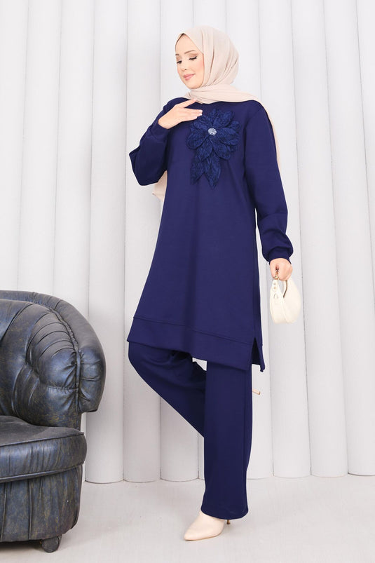 Stone Embroidered Embossed Floral Hijab Suit Navy Blue