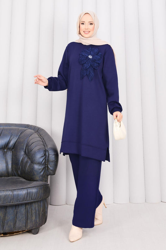 Stone Embroidered Embossed Floral Hijab Suit Navy Blue