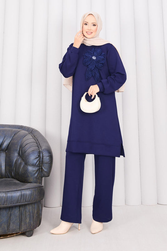 Stone Embroidered Embossed Floral Hijab Suit Navy Blue