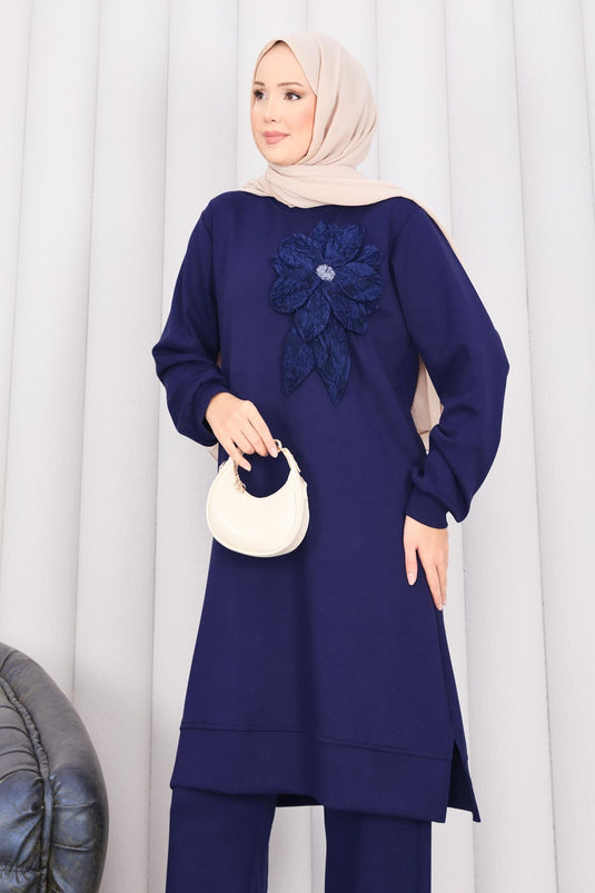 Stone Embroidered Embossed Floral Hijab Suit Navy Blue