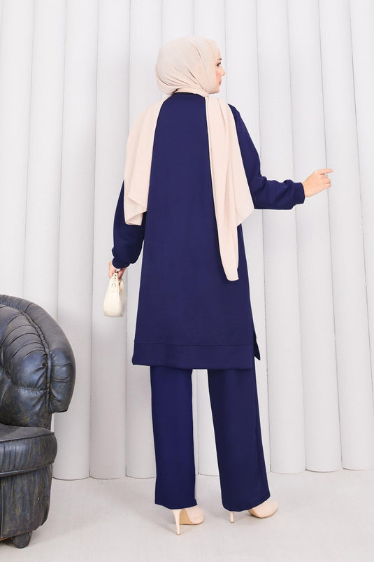 Stone Embroidered Embossed Floral Hijab Suit Navy Blue