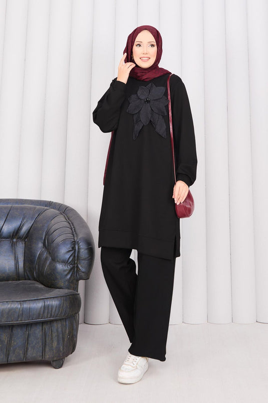 Stone Embroidered Embossed Floral Hijab Set Black