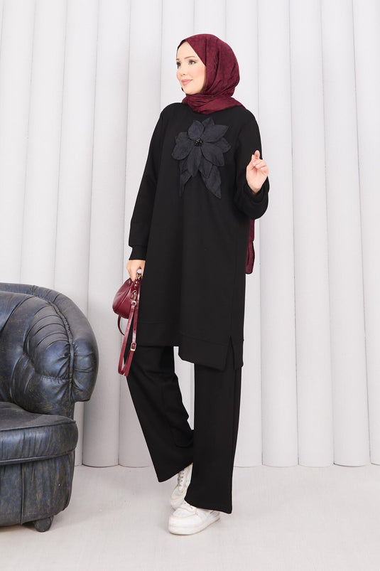 Stone Embroidered Embossed Floral Hijab Set Black