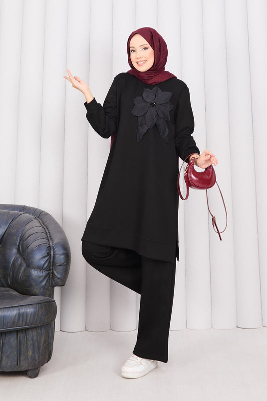Stone Embroidered Embossed Floral Hijab Set Black