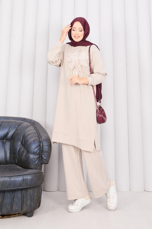 Stone Embroidered Embossed Floral Hijab Set Stone