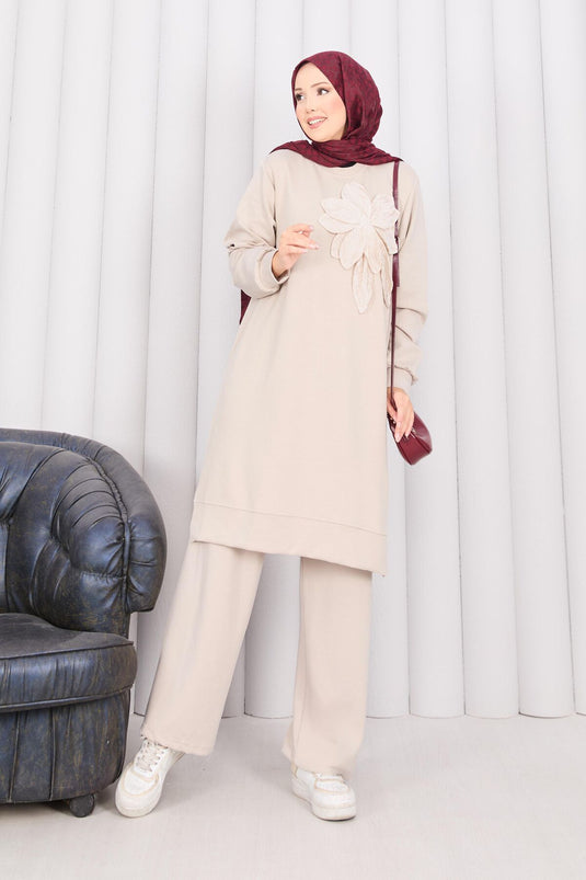 Stone Embroidered Embossed Floral Hijab Set Stone