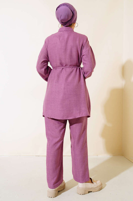 Stone Embroidered Linen Two Piece Set Magenta
