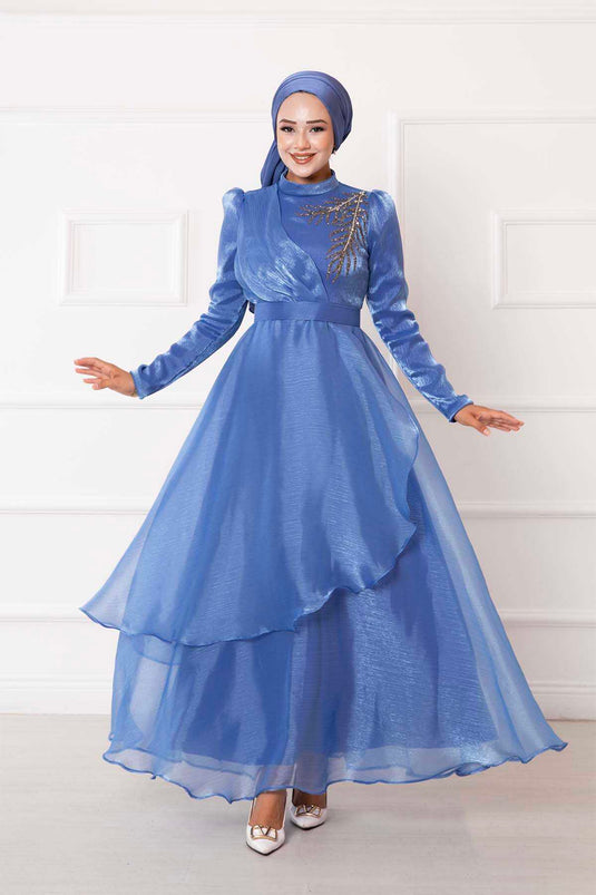 Hijab-Abendkleid aus Organza mit Steinstickerei, Indigo