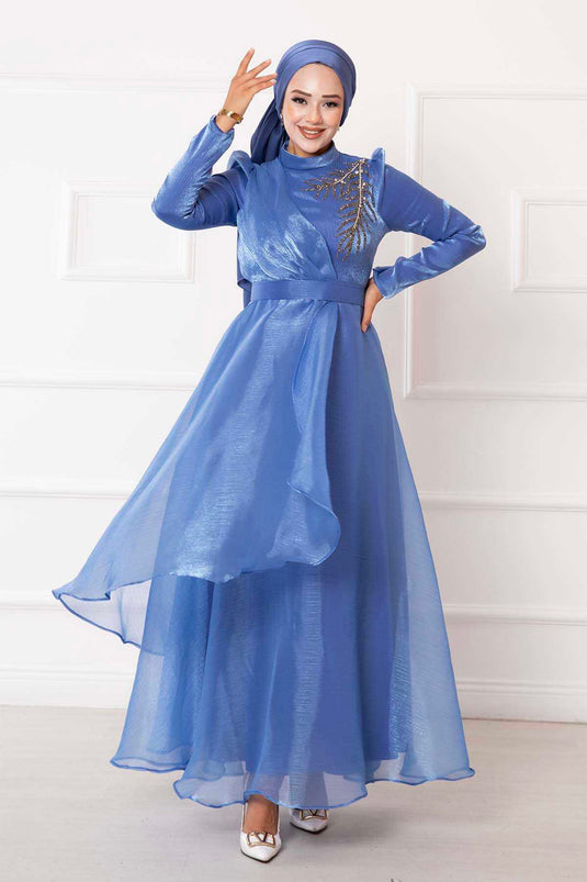 Vestido de noche hijab de organza con bordado de piedras Indigo