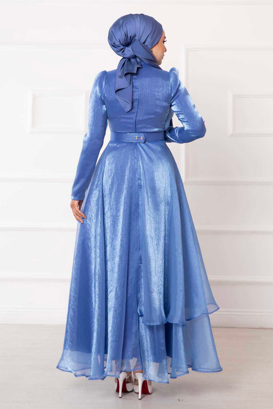 Hijab-Abendkleid aus Organza mit Steinstickerei, Indigo