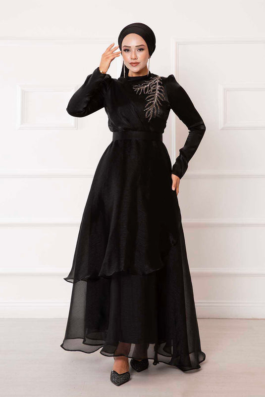 Abito da sera hijab in organza ricamato pietra Nero