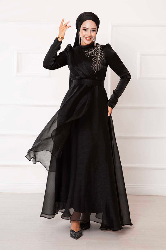 Abito da sera hijab in organza ricamato pietra Nero