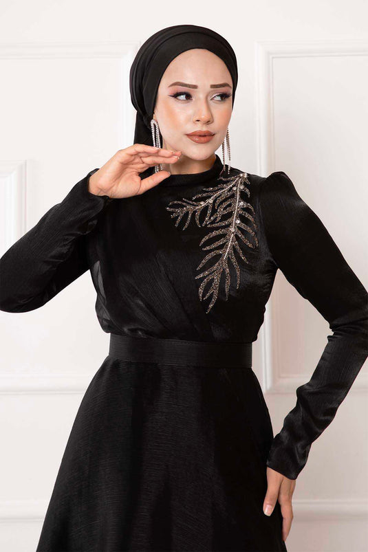 Abito da sera hijab in organza ricamato pietra Nero