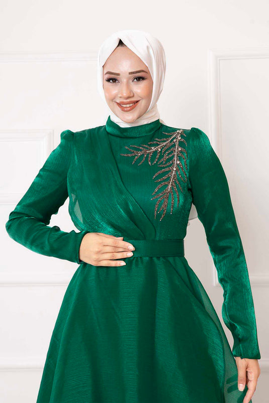 Abito da sera hijab in organza ricamato pietra Smeraldo