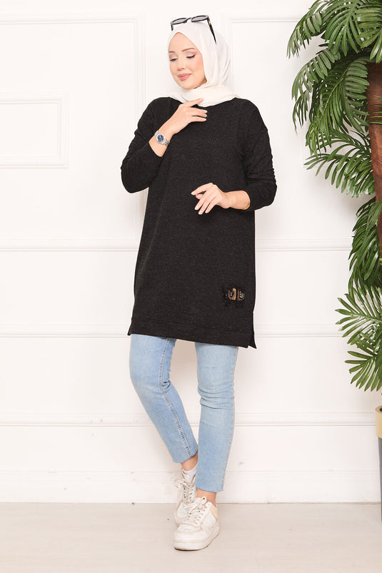 Stone Embroidered Pompom Hijab Tunic Anthracite