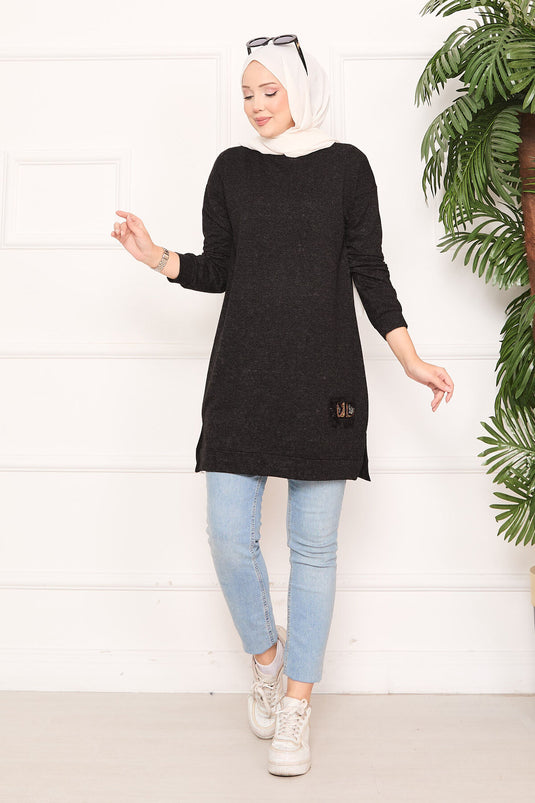 Stone Embroidered Pompom Hijab Tunic Anthracite