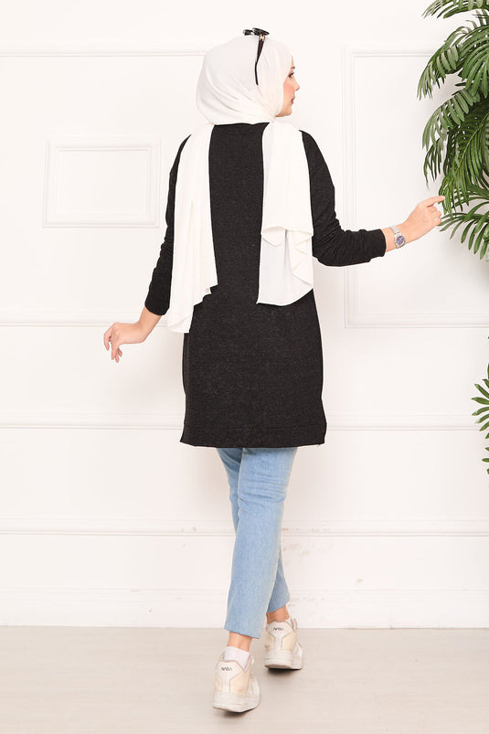 Stone Embroidered Pompom Hijab Tunic Anthracite