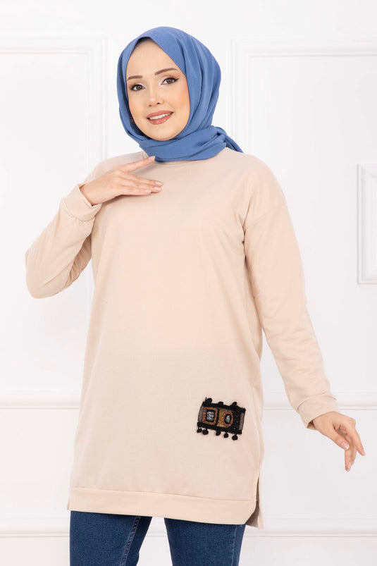 Taş İşlemeli Ponponlu Tesettür Tunik Bej