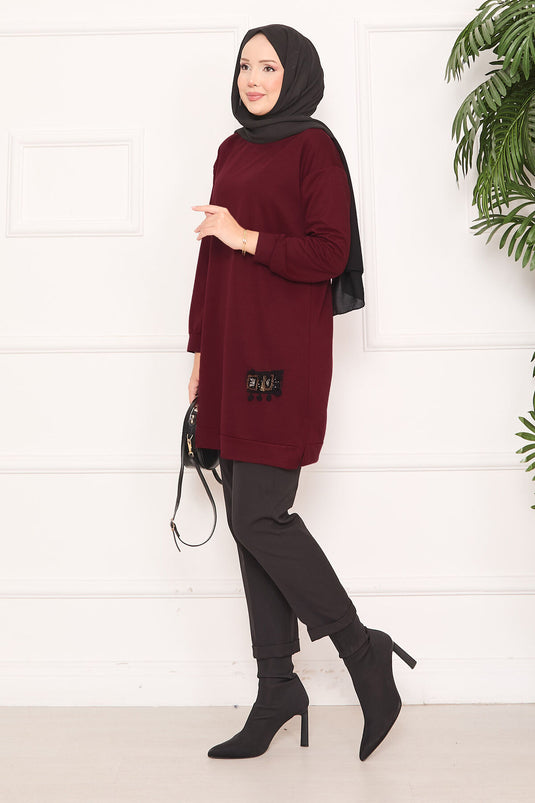Stone Embroidered Pompom Hijab Tunic Burgundy