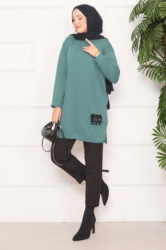 Stone Embroidered Pompom Hijab Tunic in Almond Green