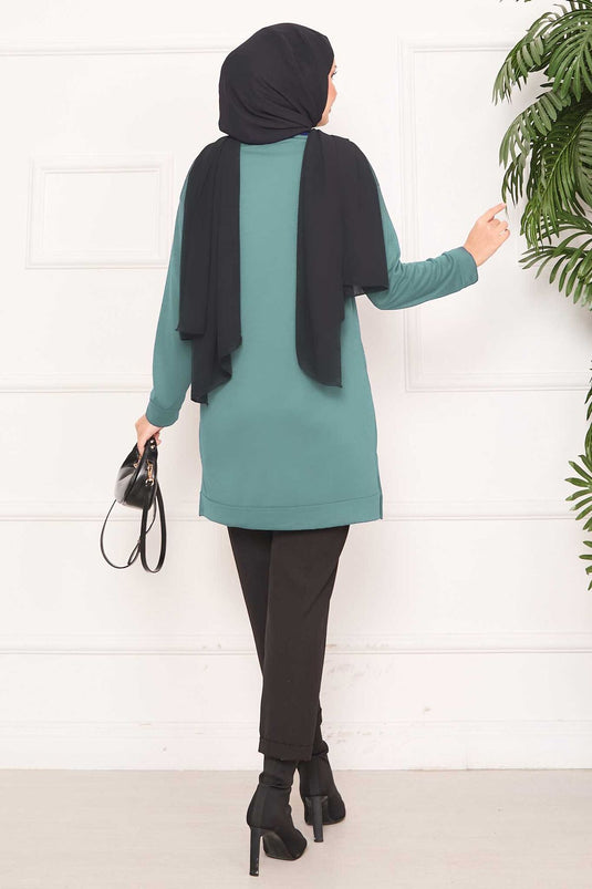 Stone Embroidered Pompom Hijab Tunic in Almond Green