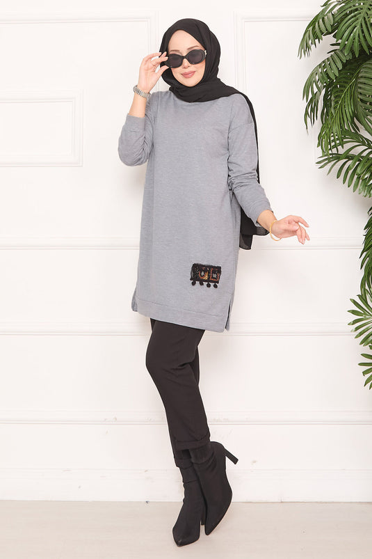 Stone Embroidered Pompom Hijab Tunic Gray