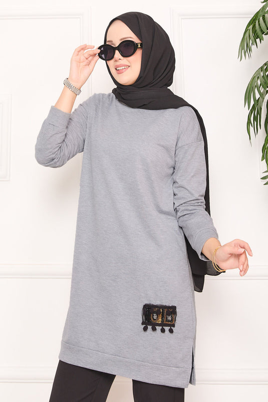 Stone Embroidered Pompom Hijab Tunic Gray