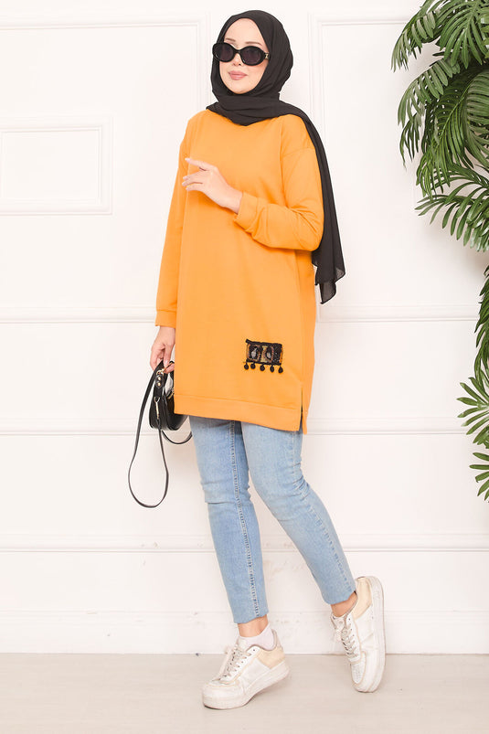 Stone Embroidered Pompom Hijab Tunic Mustard