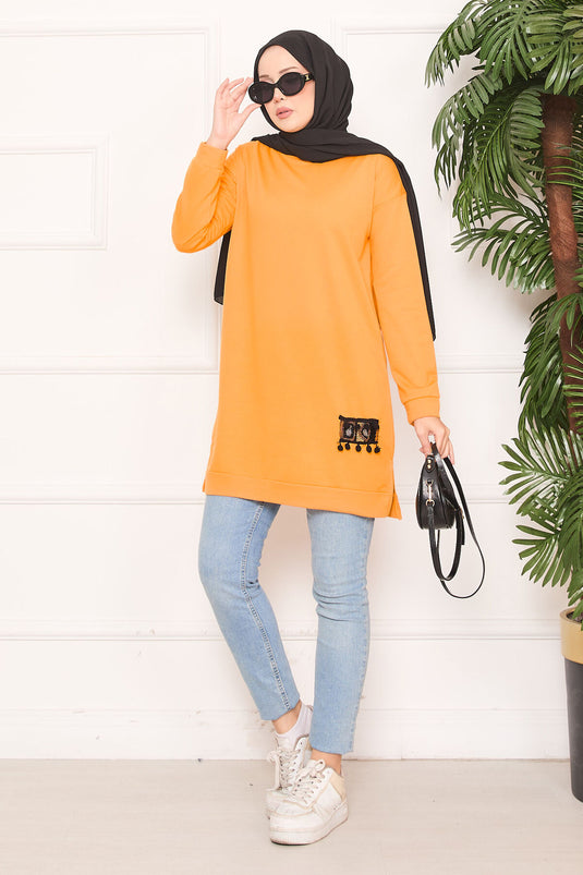 Stone Embroidered Pompom Hijab Tunic Mustard