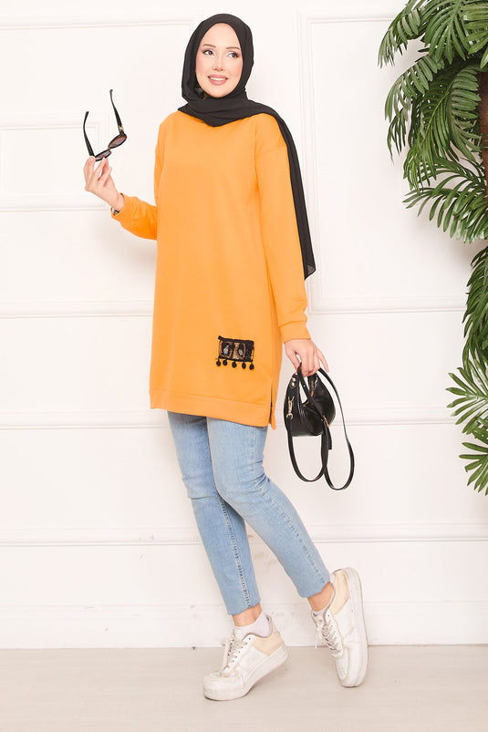 Stone Embroidered Pompom Hijab Tunic Mustard