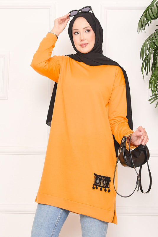 Stone Embroidered Pompom Hijab Tunic Mustard