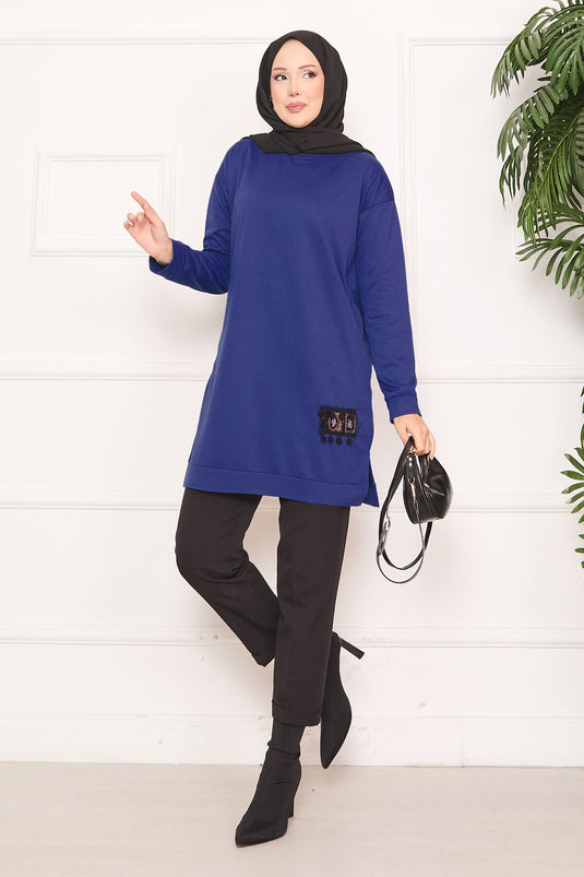 Stone Embroidered Pompom Hijab Tunic Indigo