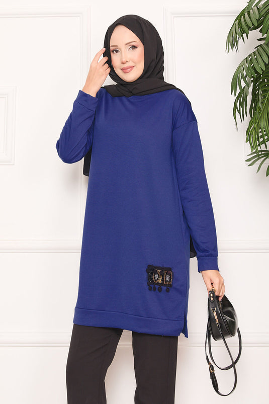 Stone Embroidered Pompom Hijab Tunic Indigo