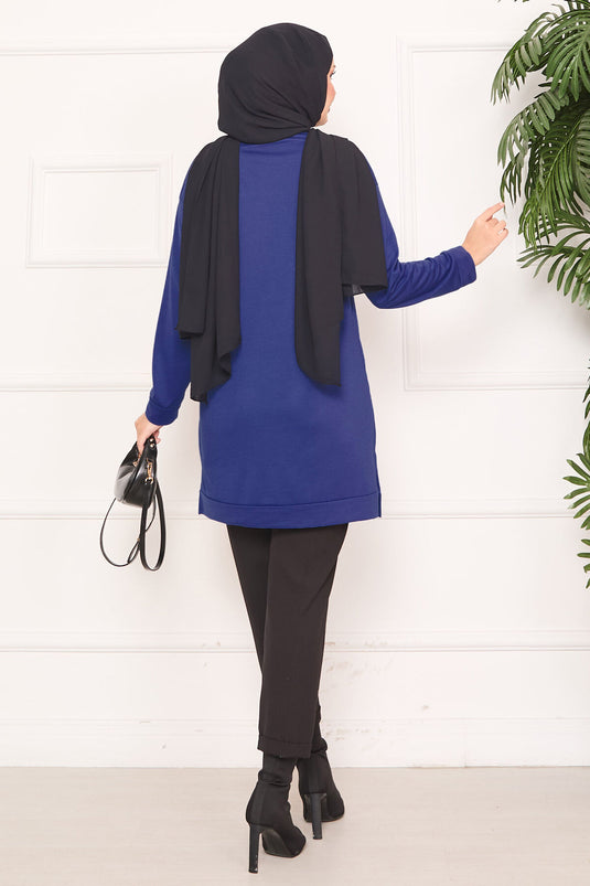 Stone Embroidered Pompom Hijab Tunic Indigo