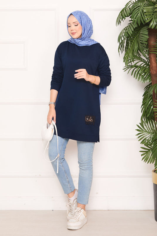 Stone Embroidered Pompom Hijab Tunic Navy Blue