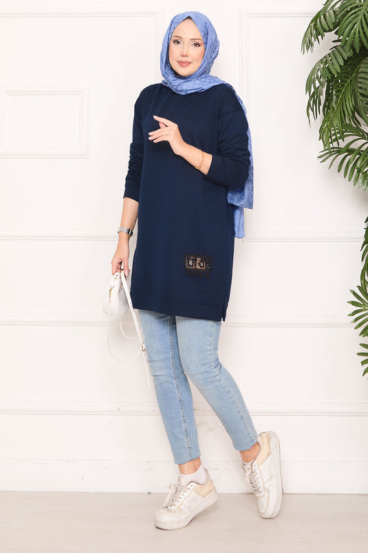Stone Embroidered Pompom Hijab Tunic Navy Blue