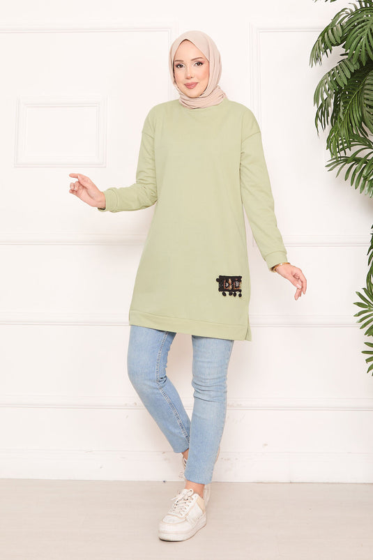 Stone Embroidered Pompom Hijab Tunic Mint