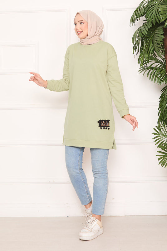 Stone Embroidered Pompom Hijab Tunic Mint
