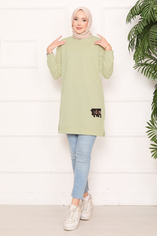 Stone Embroidered Pompom Hijab Tunic Mint