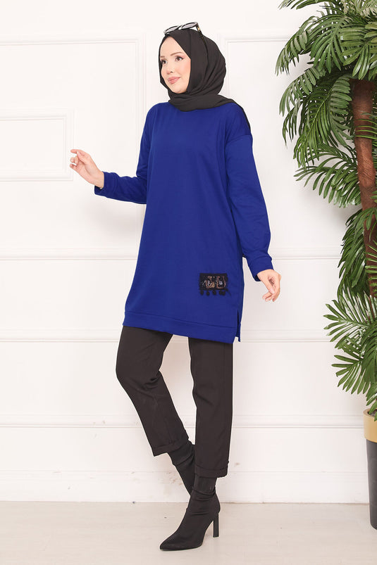 Stone Embroidered Pompom Hijab Tunic Saxe