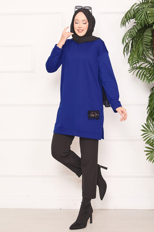 Stone Embroidered Pompom Hijab Tunic Saxe