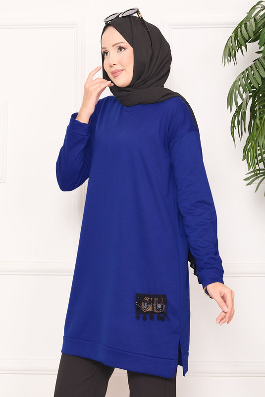 Stone Embroidered Pompom Hijab Tunic Saxe