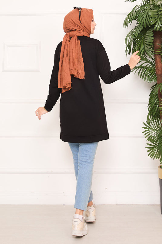 Stone Embroidered Pompom Hijab Tunic Black